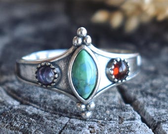Turquoise Ring, Sterling Silver Turquoise Ring, Marquise turquoise, Amethyst ring, Garnet ring, Statement Turquoise Southwestern Ring, bali