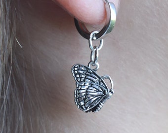 Butterfly Earrings, Butterfly Charm Hoops, Butterfly Huggies, Mini Hoop Dangle Earrings, Hoop Earrings, Sterling Silver huggie, Silver hoops