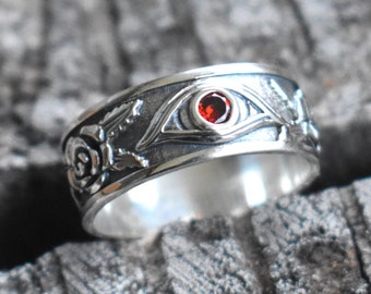 Eternity Evil eye ring, Garnet eye ring, Roses Ring, all seeing eye ring, fortune telling, witchy, evil eye jewelry, eternity band, thorns