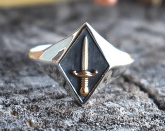 Sword Signet Ring, Dagger Ring, Sterling Silver Signet, Shield Ring, Diamond shield, Tarot Ring, Queen of Swords, Ace of Swords, protection