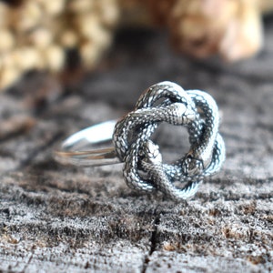 以下が含まれることがあります： 3匹の蛇が円形に絡み合ったデザインの銀の指輪