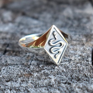 Snake Signet Ring, Snake Ring, Sterling Silver Signet, Shield Ring, Diamond shield, Protection Ring, Death and Rebirth, Snake Medicine