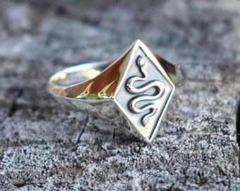 Snake Signet Ring, Snake Ring, Sterling Silver Signet, Shield Ring, Diamond shield, Protection Ring, Death and Rebirth, Snake Medicine