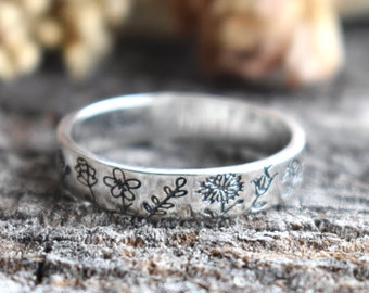 Birth Flower Ring, Flower Ring, Floral ring, floral eternity band, silver floral ring, flower child ring, flower power, cottagecore rings