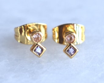 Gold Topaz and Amethyst Studs, Gold Earrings, 14k Studs, Minimalist Studs,  Earrings, Topaz Earring, Amethyst Birthstone, Topaz birthstone