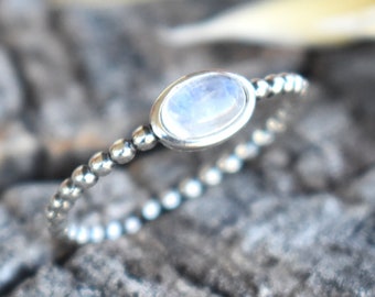 Moonstone Ring, Moonstone Bead Ring, Rainbow Moonstone ring, y2k ring, silver ring, flower child ring, flower power, cottagecore ring