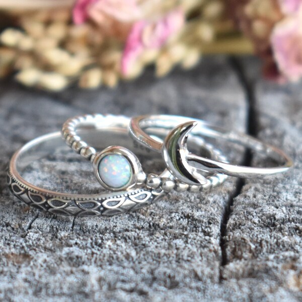 Moon Ring, Crescent Moon ring, Moon phase ring, moon phases, opal ring, luna, moon, moon magic, moon ring set, moon jewelry, silver rings