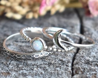 Moon Ring, Crescent Moon ring, Moon phase ring, moon phases, opal ring, luna, moon, moon magic, moon ring set, moon jewelry, silver rings