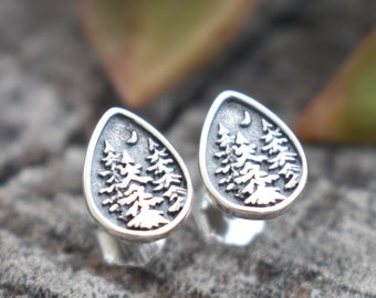 Tree Earrings, Forest Earrings, Pine Tree Studs, Tree Stud Earrings, Mountain Earrings, Mountain Posts, Sterling Silver Tree, Moon studs