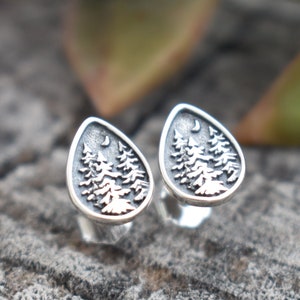 Tree Earrings, Forest Earrings, Pine Tree Studs, Tree Stud Earrings, Mountain Earrings, Mountain Posts, Sterling Silver Tree, Moon studs