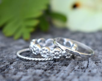 Boho Rings, Daisy ring, Silver ring, silver stacking ring, flower ring set, midi rings, stacking ring, sterling silver, boho style, festival