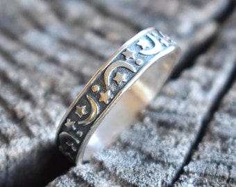 Moon and Stars ring, crescent moon ring, stars ring, celestial ring, universe ring, moon star eternity band, celestial ring, sterling silver