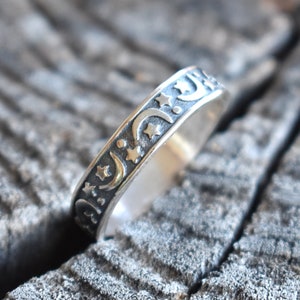 Moon and Stars ring, crescent moon ring, stars ring, celestial ring, universe ring, moon star eternity band, celestial ring, sterling silver