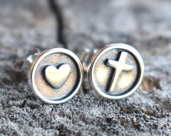 Cross Heart earrings, Cross studs, Sterling silver Cross, Heart jewelry, Religious earrings, Baptism Studs, Protection Cross, Jesus Studs
