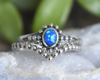Blue Opal Ring, Opal engagement ring, Opal stacking ring, sterling silver opal ring, October ring, silver opal ring, boho style, opal jewel