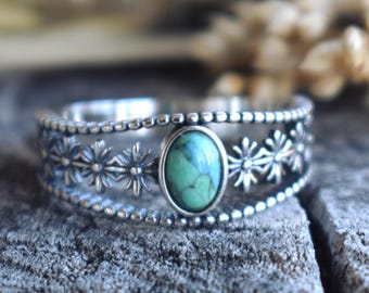 Turquoise Ring, Black Onyx Ring, Amethyst Ring, Larimar Ring, garnet ring, boho ring, Flower Ring, Floral, cottagecore, daisy boho ring