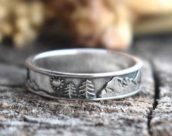 Mountain Range Ring, Forest tree ring, Sterling Silver Mountain and tree ring, nature ring, sun ring, Mountain Wedding band, Hiking Ring