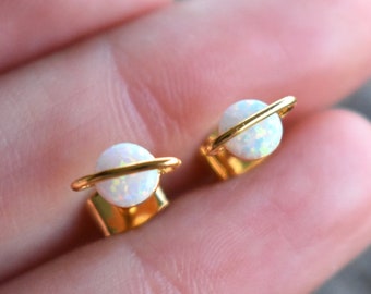 Gold Planet Studs, Gold Earrings, Opal Studs, Minimalist Studs, Saturn Earrings, Y2K stud earrings, 90's style stud, 90's jewelry, Celestial