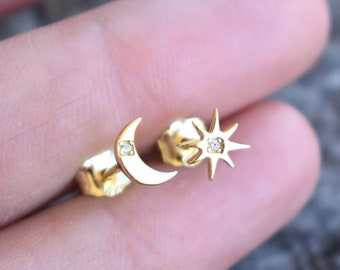 Moon and Starburst  Earrings, Trending Star Earrings, Perfect Minimalist Look, Gift for Her, Crescent Moon Studs, Diamond Pave Star Earring