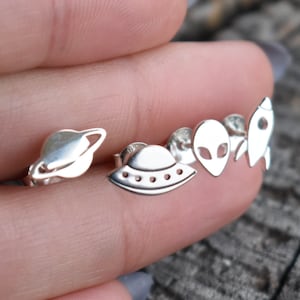 Space Stud Earrings, Outer space posts, Rocket Studs, UFO stud earrings, Planet earrings, Alien Studs, alien encounter, earthling, Astronaut