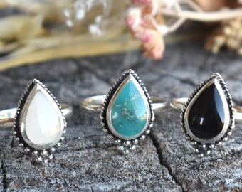 Turquoise Ring, Onyx Ring, Moonstone Ring, Boho Turquoise, Bohemian Style Ring, Turquoise Teardrop ring, Onyx Teardrop, Pear shape, sterling