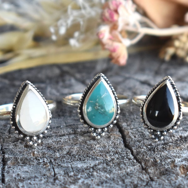 Turquoise Ring, Onyx Ring, Moonstone Ring, Boho Turquoise, Bohemian Style Ring, Turquoise Teardrop ring, Onyx Teardrop, Pear shape, sterling