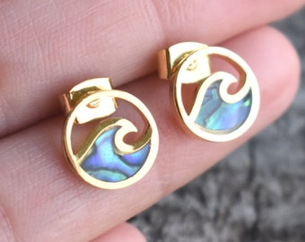 Gold Abalone Wave Stud Earrings, Pura Vida Studs, Gold Wave Jewelry, Gift for her, Ocean Lover Earrings, Surfer Earrings, Gold Wave posts