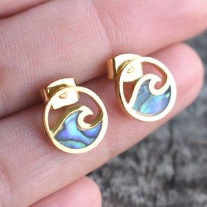 May include: A pair of gold-toned earrings with a wave design. The wave is made of iridescent abalone shell.