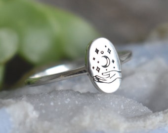 Moon and star ring, fortune telling, witchy ring, witch ring, Sterling Silver Tarot Ring, Silver Hand Ring, universe ring, meditation ring