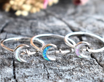 Opal Moon and star ring, crescent moon ring, stars ring, celestial ring, universe ring, moon star eternity band, sterling silver moon ring