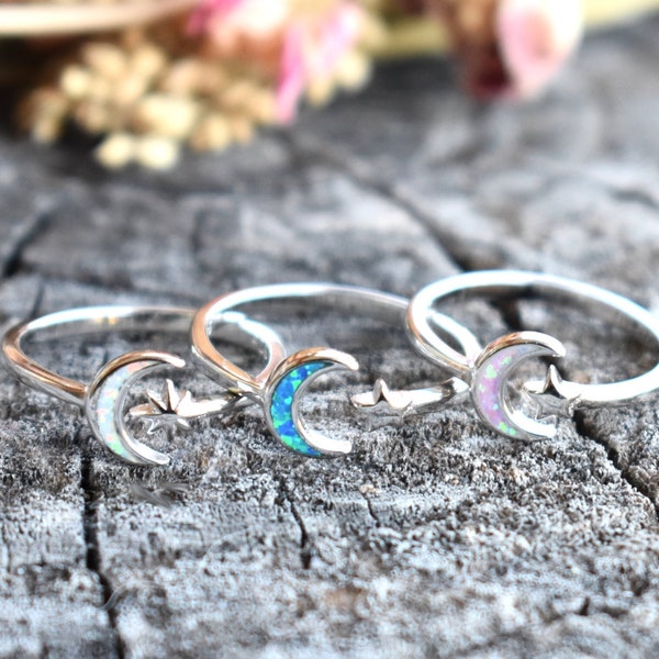 Opal Moon and star ring, crescent moon ring, stars ring, celestial ring, universe ring, moon star eternity band, sterling silver moon ring