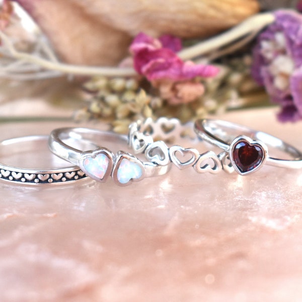 Heart Rings, Valentines Day Rings, Mothers Day Rings, Heart rings stack, Garnet Heart, Eternity Heart Ring Band, Boho Heart, Opal Heart Ring