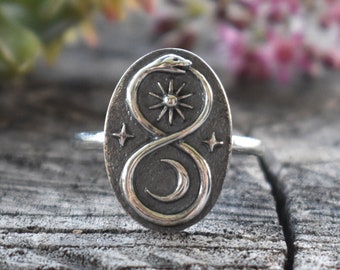 Infinity Snake ring, ouroboros ring, sterling silver snake, silver snake ring, infinity ring, moon star ring, death and rebirth, moon sun