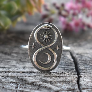 Infinity Snake ring, ouroboros ring, sterling silver snake, silver snake ring, infinity ring, moon star ring, death and rebirth, moon sun
