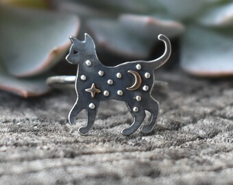 Black little cat adjustable silver head ring