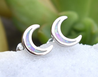 Moon studs, Moon earring, Crescent Moon studs, Crescent Moon Posts, opal moon, opal moon earrings, lavender opal, pink opal, sterling silver