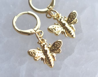 Gold Bee Huggie Hoops, Bee Hoops, Bee Dangle, Bee Earrings, 14K Goldfill, bee lover, gift for her, delicate bee earring, Moon and Star hoop