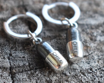 Chill Pill Earrings, Chill Pill Hoop, Chill Huggie Hoops, Pill huggies, 90s jewelry, y2k earrings, Sterling Silver Chill pill, Funny Earring