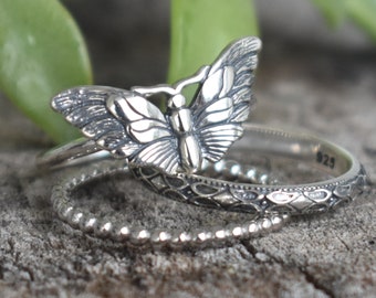 Moth ring, Silver moth ring, sterling silver moth jewelry, butterfly ring, gothic ring, gift for girlfriend, white moth, 925 stacking rings