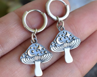 Sterling Silver Mushroom Huggie Hoop, Huggie Earrings, Silver Huggie Hoop Earrings, tiny Hoop Earring, Cottagecore hoops, dangle earrings