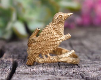 Raven ring, Gold Raven Ring, bird ring, bronze raven, witch ring, bird familiar, poe, nevermore, quoth the raven, Wednesday Addams, talisman