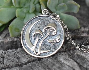 Mushroom necklace, moon necklace, butterfly necklace, moth necklace, mushroom jewelry, crescent moon necklace, shadowbox necklace, forest