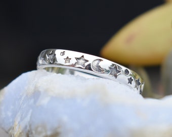 Anillo de luna y estrella, anillo de luna creciente, anillo de estrellas, anillo celestial, anillo del universo, banda de la eternidad de la estrella de la luna, anillo de luna de plata de ley,