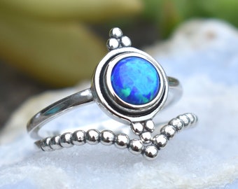 Blue Opal Ring, Opal engagement set, Opal stacking ring, sterling silver opal ring, October ring, silver opal ring, boho opal, fire opal