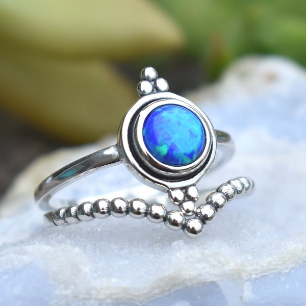 Blue Opal Ring, Opal engagement set, Opal stacking ring, sterling silver opal ring, October ring, silver opal ring, boho opal, fire opal