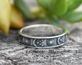 Celestial ring, Moon sun stars ring, crescent moon ring, stars ring, celestial ring, universe ring, moon star eternity band, sterling silver