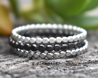 Silver bead, silver flat bead, Bead ring, flat bead ring, beaded stack rings, boho ring, silver band, boho, oxidized bead, black bead ring