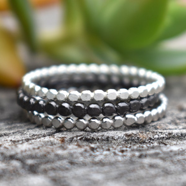 Silver bead, silver flat bead, Bead ring, flat bead ring, beaded stack rings, boho ring, silver band, boho, oxidized bead, black bead ring