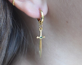 Sword Dangle Hoop Earrings, Gold Sword Earrings, Gold Hoop, Sword Huggies, Emerald Swords, Ruby Swords, Sapphire Sword earrings, Huggie hoop