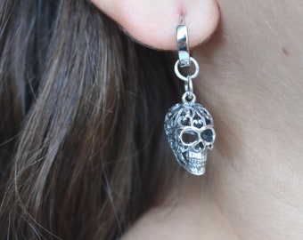 Sugar Skull Hoop Earrings, Skull huggie hoops, Day of the dead earrings, Mexican holiday, Skull Jewelry, Sterling Silver Hoops, Gothic Hoops